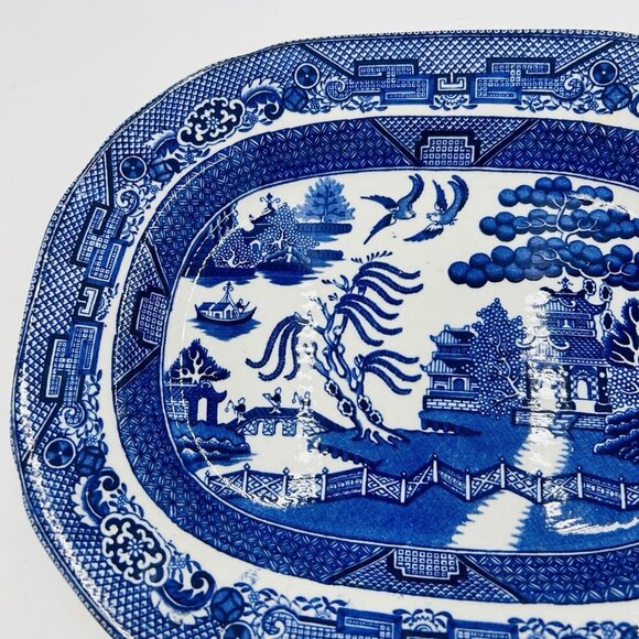 Warranted Staffordshire W. Adams & Sons England Blue Willow Platter 11.25" x 9" - Picture 3 of 8
